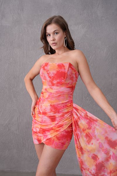 bayansepeti Orange Sky Pattern Strapless Draped Mini Dress for Women 169 Model