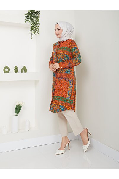 Kirazgym Ethnic Orange Patterned Viscose Tunic
