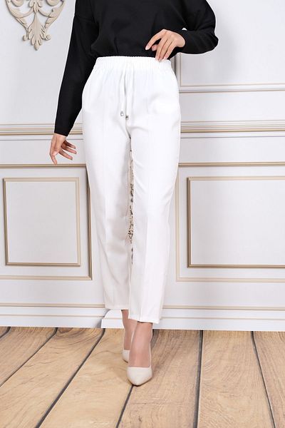 Maystore White Elastic Waist Pocket Carrot Cut Fabric Trousers – High Waist, Stylish and Comfortable, Modern Design