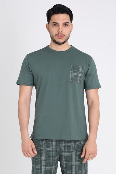 TURAY Leeds Wrist 100% Cotton Men's Short Sleeve Plaid Khaki Pajama Set