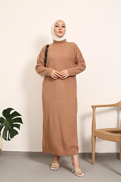 Kirazgym Φόρεμα Hijab με μακρύ πλεκτό Ravza με ραβδώσεις