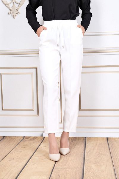 Maystore White Elastic Waist Pocket Carrot Cut Fabric Trousers – High Waist, Stylish and Comfortable, Modern Design