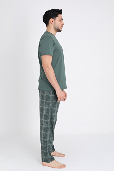 TURAY Leeds Wrist %100 Pamuk Erkek Kısakol Ekose Haki Pijama Takımı