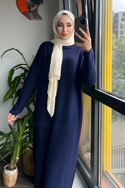Kirazgym Ravza Ribbed Detailed Long Knitwear Hijab Dress