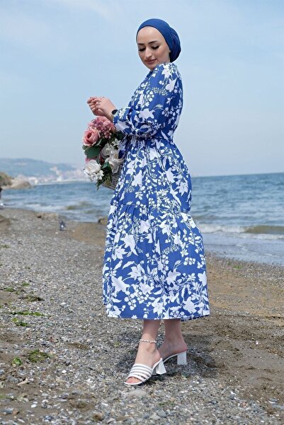 ENDERON Λευκό Floral Flared Hijab Εποχιακό Φόρεμα-Σαξ Μπλε