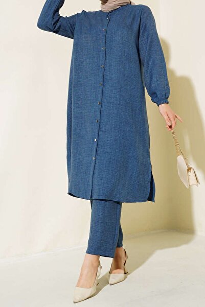 Kirazgym Dámská námořnická modrá dvoukomorová tunika s límečkem a knoflíkem – dlouhý rukáv, kapsa, bavlna