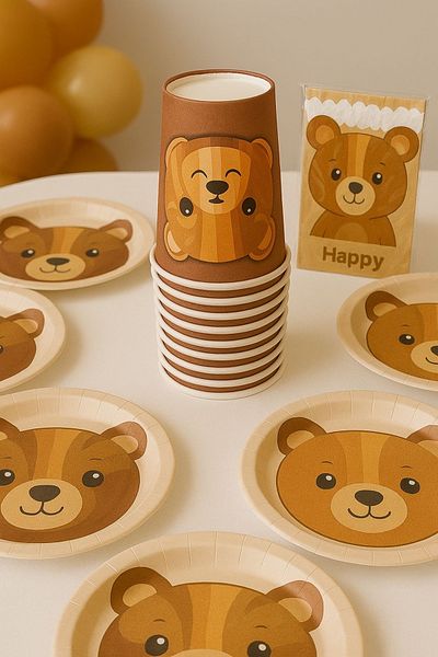 Happyland Retro Plate and Cup Set with Teddy Bear (1 Pack of 8 Plates, 8 Cups) Retro Concept Birthday Ornaments