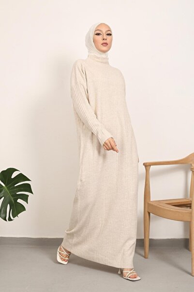 Kirazgym Ravza Ribbed Detailed Long Knitwear Hijab Dress