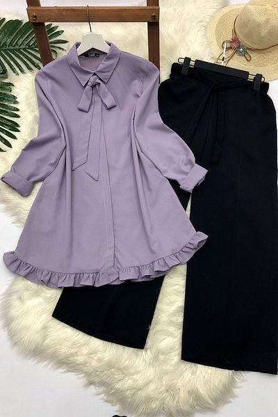 Kirazgym Women's Ribbon Ruffle Detailed Lilac Tunic & Black Trousers Set – Hijab 2-Piece Combination