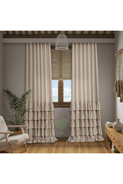 Perdeplus Κουρτίνα φόντου με βολάν από βαμβακερό λινό σχέδιο, μονόπτερο, ύφασμα Buldan, μπεζ φόντο