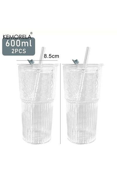 Choice 600ml 2pcs 600ml Stripe Glass Cup With Lid And Straw Transparent Drinking Glasses For Juice Iced Cof