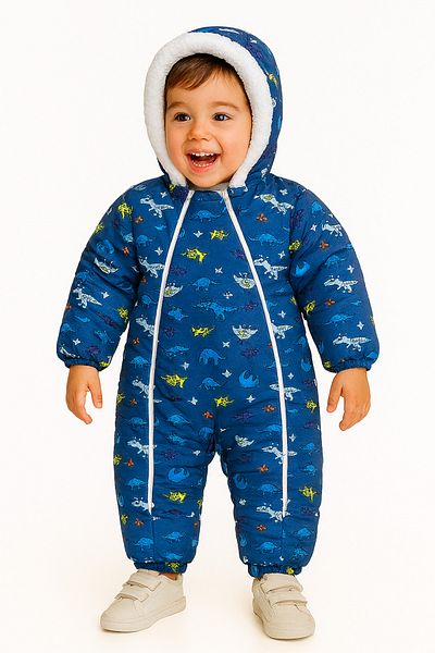 minikiss Baby Boy - Digital Printed Hooded Plush Winter Jumpsuit