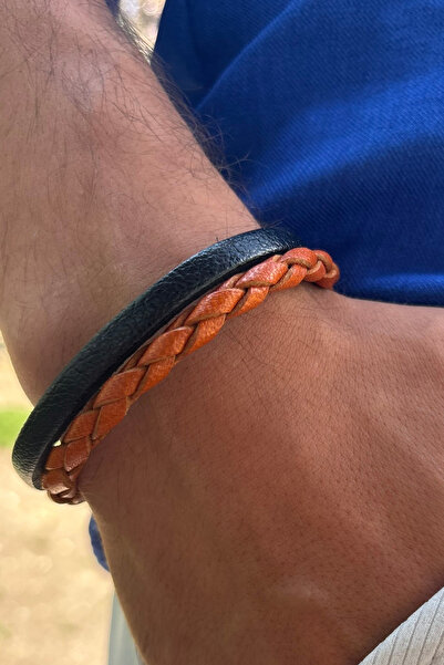 Begondio Örgü Dokulu El İşçiliği ile Üretilmiş Hakiki Deri Erkek Bileklik