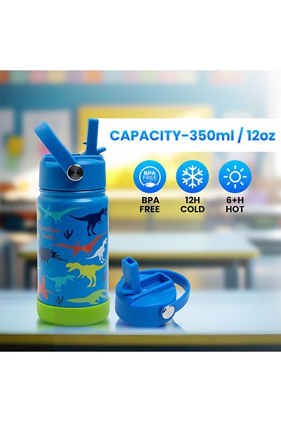 Bamboo Bark Dinosaur Insulated Water Bottle with Straw & Handle – Stainless Steel Double Wall Thermos Flask