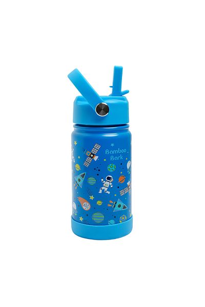 Bamboo Bark Astro-Space Insulated Water Bottle with Straw & Handle – Stainless Steel Double Wall Thermos Flask