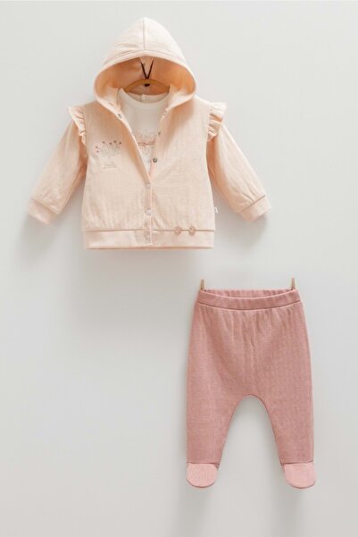 Caramell Rose Baby Hooded Zippered Sweat Pants Triple Set Salmon