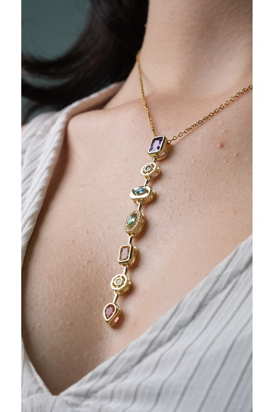 Inure Jewelry قلادة Vip من الفولاذ بتصميم Y خاص للسيدات مع حجر ملون مكون من 7...