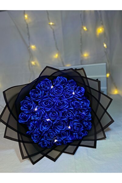 PARSÇİÇEK Saks Mavisi Led’li Yapay Solmayan Gül Buketi Kurdaleden Yapay Çiçek 30’lu