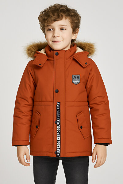 Mika Bebek & Çocuk Kalın Elyaf Dolgulu Su Rüzgar ve Yağmur Geçirmez Kapüşonlu Kiremit Erkek Çocuk Kışlık Lüks Mont