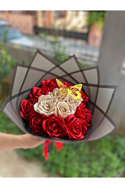 PARSÇİÇEK Saten Kurdaleden Yapay Gül Kelebek Detaylı Ortası Gold Kenarı Kırmı...