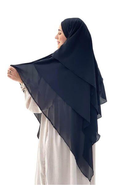 LA SEFA Hazır Bağlama Üç Katlı Şifon Hac Umre Şalı Sufle Khimar Hijab Siyah