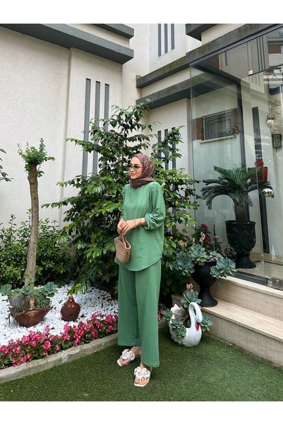 Moda Lippa Organik Şile Bezi Çağla Yeşil Pantolonlu Takım