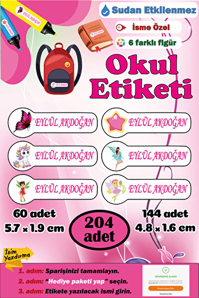 GSticker Kişiye İsme Özel Okul Etiketi İsim Etiketi Kalem Defter Etiketi Stic...