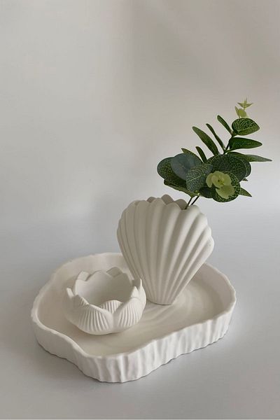 Mandalin Art Studio طقم ديكور مكون من 3 قطع - طبق على شكل، مزهرية صدفة عميقة وطبق مجوهرات لوتس