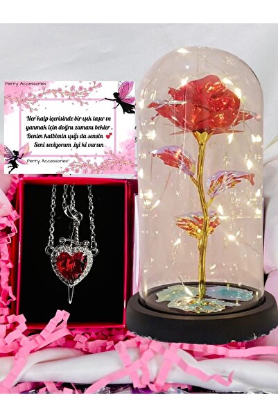 Perry Accesories kararmaz çelik kalp kılıç kolye ve led ışıklı solmayan sonsuzluk gülü pamuk prenses ve avcı kolye