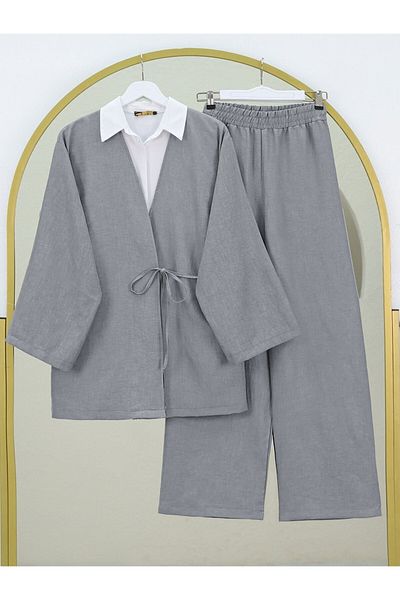 Modamorfo Kimono Suit with Tie-Up Trousers - Gray