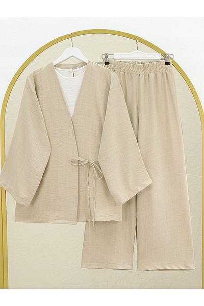 Modamorfo Beige Front Tie Kimono Set with Trousers