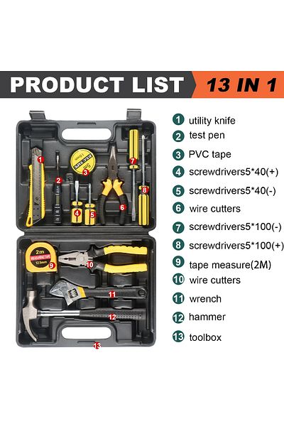 Choice 13 In 1 Box Black 8/9/12/13piece Tools Set General House Hold Hand Tool Kit With Plastic Toolbox Sto