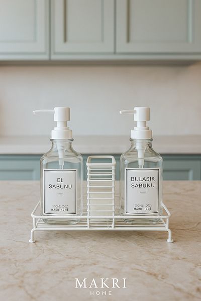 Makri Modern Glass Double Liquid Soap Dispenser & Detergent Dispenser Set-500 ml Glass Soap Dispenser with Metal Stand