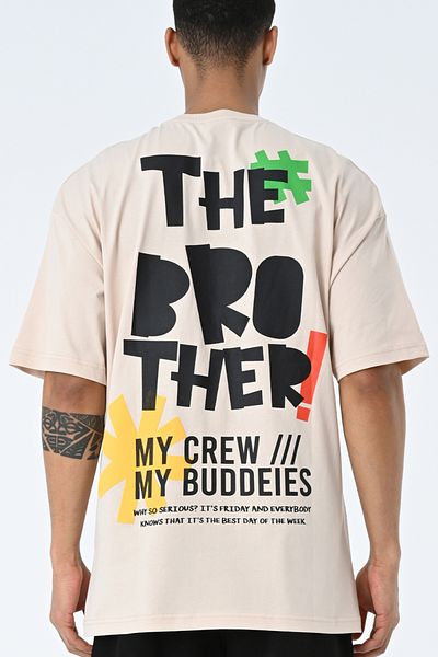 AMAZING CRASH Μπεζ μπλουζάκι Unisex με στάμπα με λαιμόκοψη Oversize