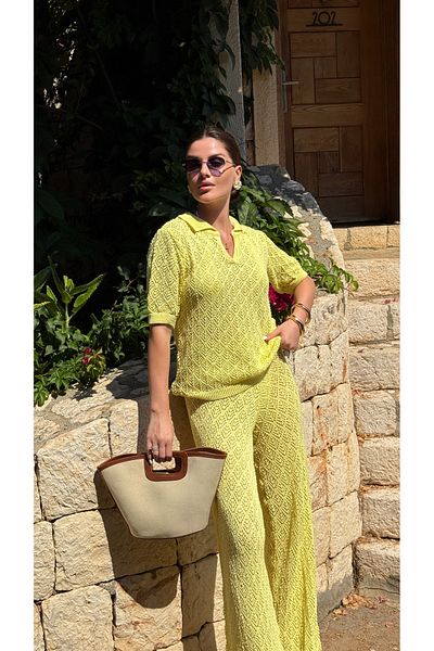 Julidress Yellow Blouse Pants Bottom Top Premium Openwork Beach Suit
