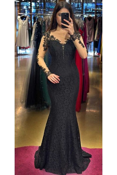 Abiyeniall Lace Long Evening Dress with Black Long Sleeves Lace Detail Back Low-Cut Fish Skirt Lace 7001