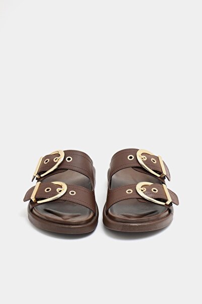 Madamra Καφέ γυναικείες κομψές καθημερινές παντόφλες με διπλή πόρπη