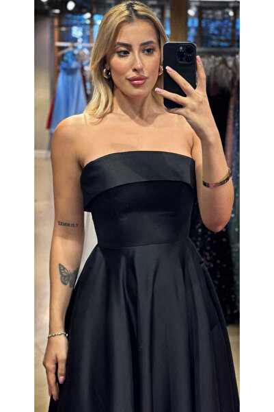 Abiyeniall Siyah Straplez Yaka Kloş Etekli Saten Midi Abiye Elbise 7647