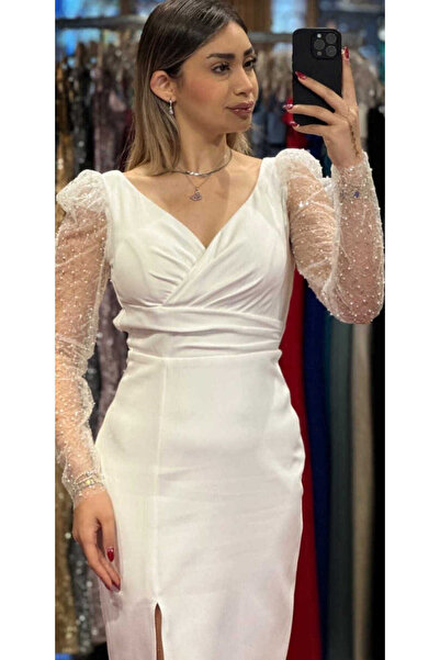 Abiyeniall Beyaz Uzun Kollu Yırtmaçlı Düz Kesim Krep Midi Abiye Elbise 7495