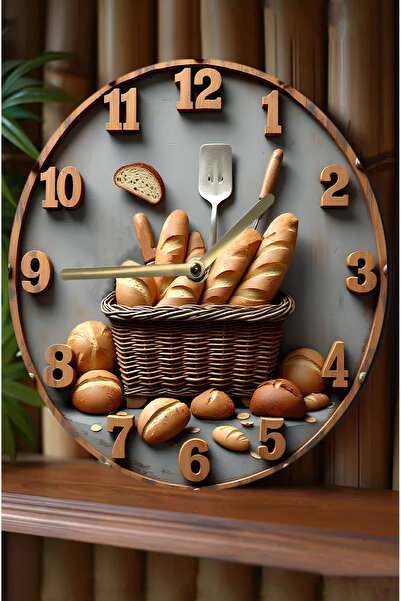 kutuTR 🍞 Rustik Ekmek Temalı MDF Duvar Saati – 33 cm | 3D Görünümlü UV Baskılı Mutfak Dekoru SDW347