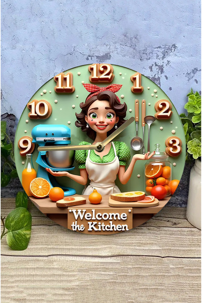 kutuTR 👩🍳 Welcome To The Kitchen Temalı Mdf Duvar Saati – 33 Cm | 3d Görünümlü Uv Baskı Sdw348