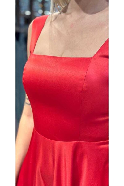 Abiyeniall Kırmızı Kalın Askı Kloş Etekli Saten Midi Abiye Elbise 7631