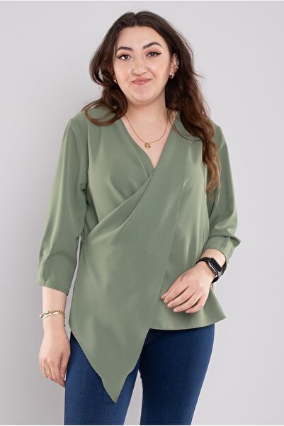 Miss Öznur 4023 Büyük Beden Kruvaze Yaka Eteği Asimetrik Şifon Bluz
