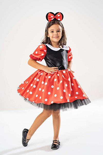 YAĞMUR KOStütüM Taç Hediyeli Minnie Mouse Kız Çocuk Kırmızı Puantiyeli Doğum Günü Elbisesi & Parti Kostümü