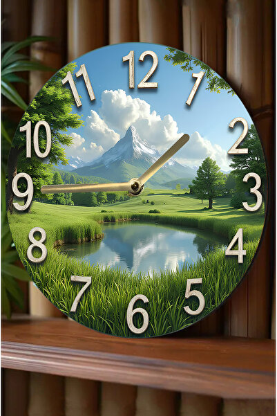 kutuTR ⛰️ Doğa Manzaralı Dağ ve Gölet Temalı MDF Duvar Saati – 33 cm | 3D Görünümlü 2D HD Baskı sdw327