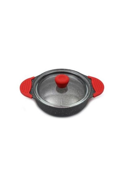 Eda 3-Piece Granite Casting Pan Set with Glass Lid and Gray Silicone Handle