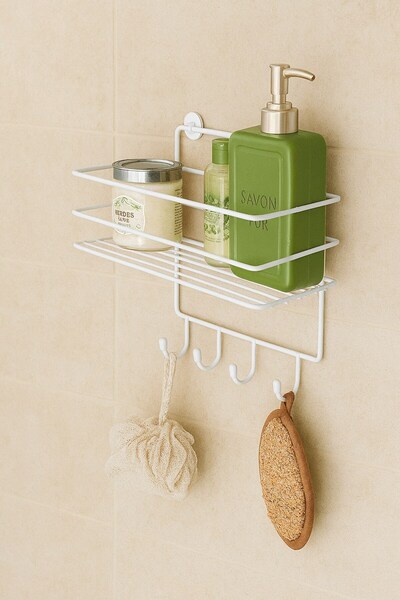 Sas Haus Ανοξείδωτη λευκή αυτοκόλλητη θήκη για σαμπουάν μπάνιου με 4 γάντζους, ανθεκτική, κομψή οργάνωση - Tş-01