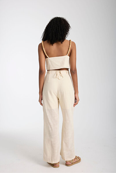 ABOUT US Bead Detailed Linen Bottom Top Women's Set