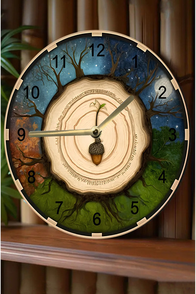 kutuTR 🌳 Meşe Palamudu & Dört Mevsim Temalı 3D Görünümlü MDF Duvar Saati – 33 cm sdw314