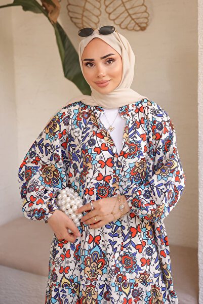 İmajButik Saks Blue Half Button Skirt Layered Dress